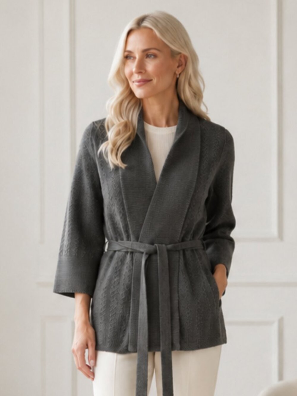 H&M Gray Wrap Cardigan Sweater Jacket Small Belted Cozy Knit